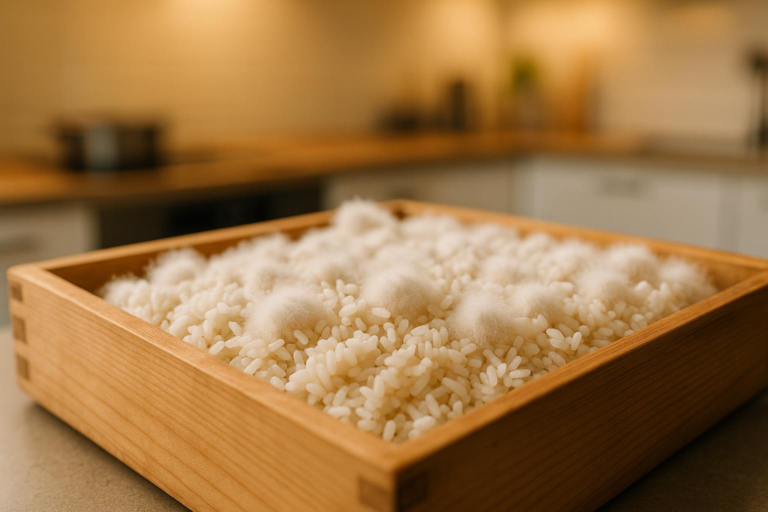 Koji fermentation process showing white Aspergillus oryzae mold growing on rice