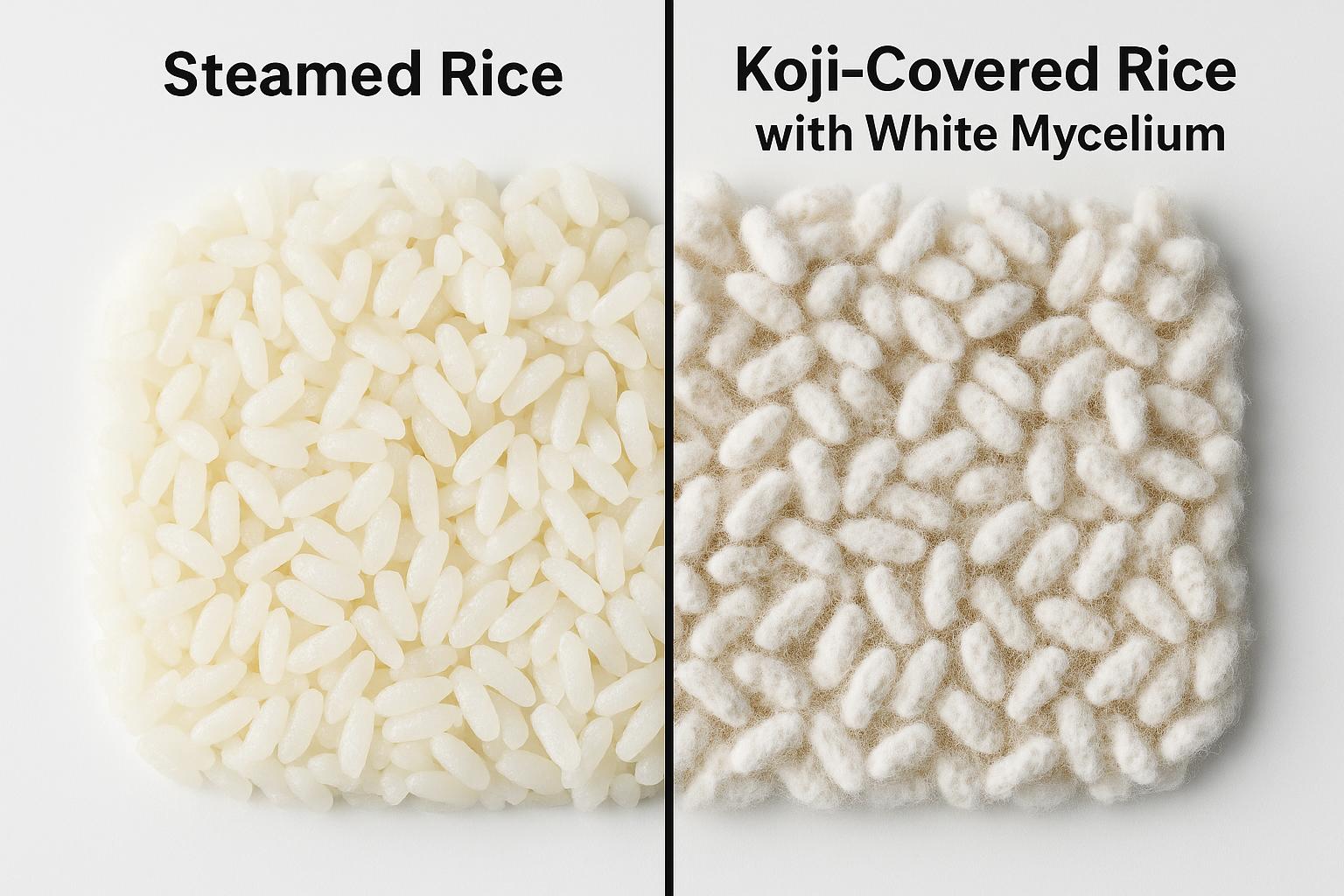Before and after comparison of steamed rice and koji-covered rice