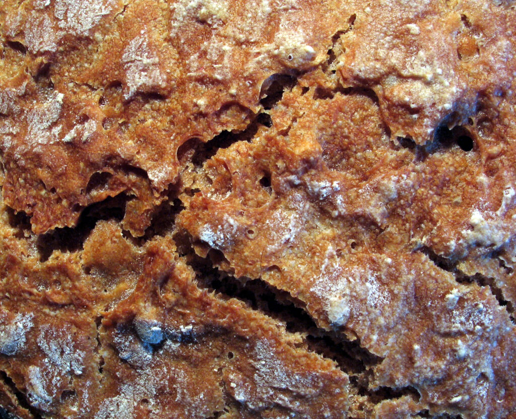 A dark crusted loaf of bread cut open to show the pale crumb inside